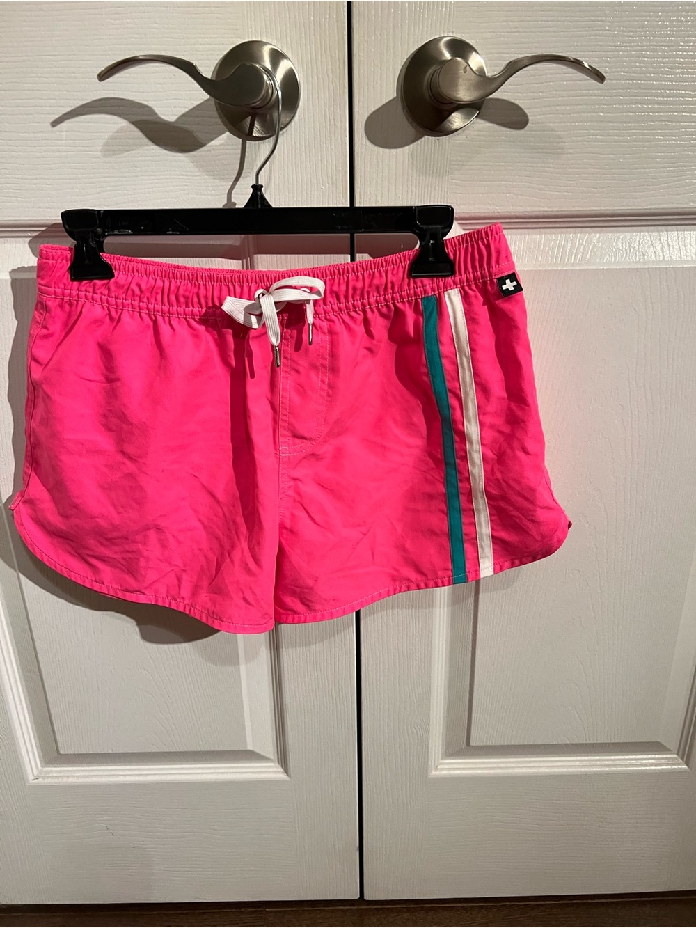 Andrew Christian Hot Pink Swim Trunks with Teal & White Stripes